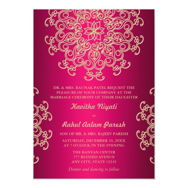 HOT PINK AND GOLD INDIAN STYLE WEDDING INVITATION (front side)