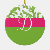 Hot Pink and Green Floral Monogram Christmas Ornaments