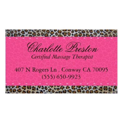 Hot pink and leopard business card (front side)