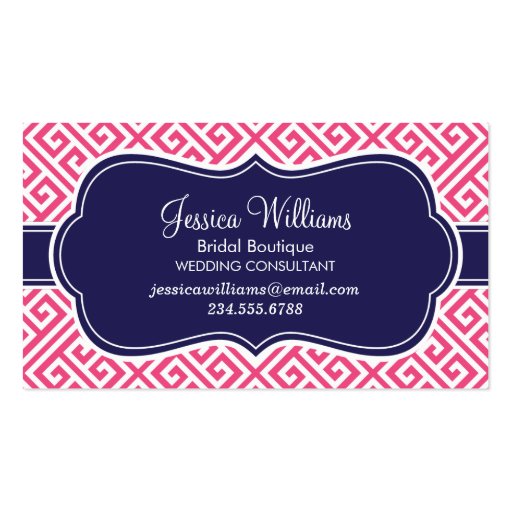 Hot Pink and Navy Blue Greek Key Pattern Business Card Template
