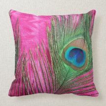 Hot Pink and Peacock Feathers Still Life Pillow