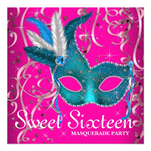 Hot Pink and Teal Blue Sweet Sixteen Party Custom Announcement