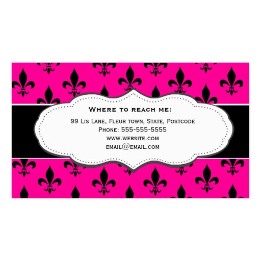 Hot Pink and White Fleur de Lis business cards (back side)