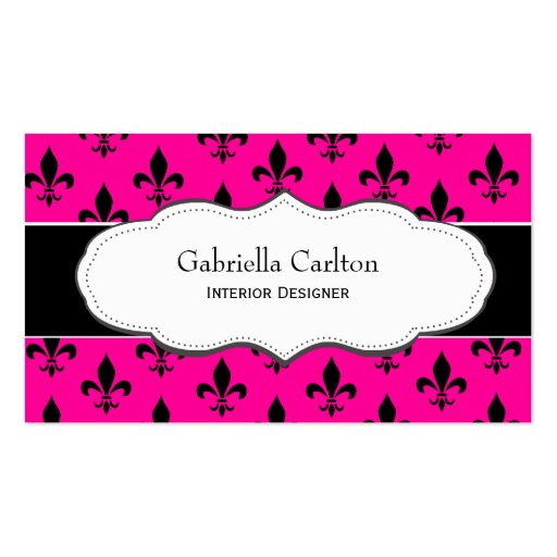 Hot Pink and White Fleur de Lis business cards (front side)