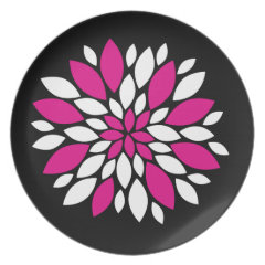 Hot Pink and White Flower Petals Art on Black Party Plates