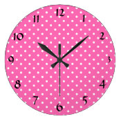 Bright Hot Pink and White Polka Dot Pattern Wall Clock with numbers