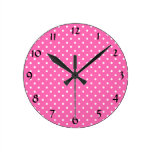 Hot Pink and White Polka Dot Pattern Wall Clocks