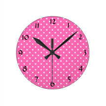 Hot Pink and White Polka Dot Pattern Wall Clocks