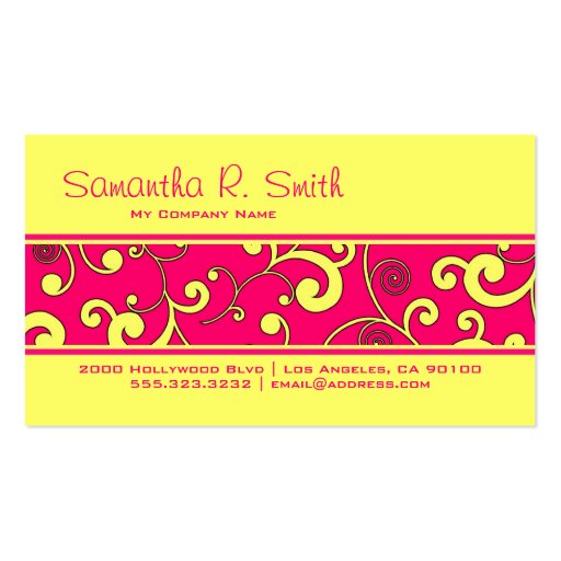 Hot Pink and Yellow Scroll Stripe Business Card (front side)