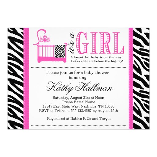 Hot Pink and Zebra Baby Shower invitation Custom
