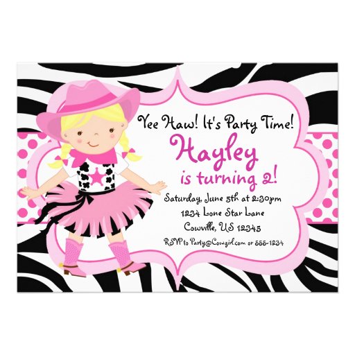 Hot Pink and Zebra Print Cowgirl Birthday Party Personalized Invites