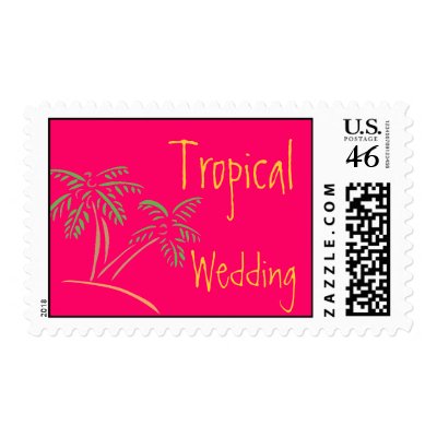 Hot Pink Beach Wedding Palm Trees Postage by stampgallery