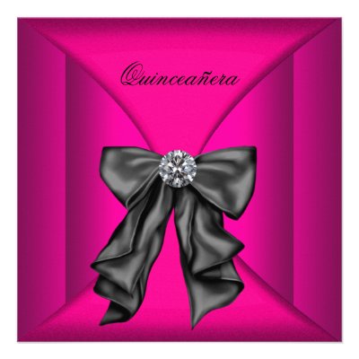 Hot Pink Black Bow Hot Pink Qiunceanera Personalized Invitations