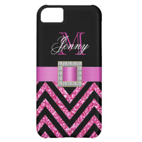HOT PINK BLACK CHEVRON GLITTER GIRLY COVER FOR iPhone 5C