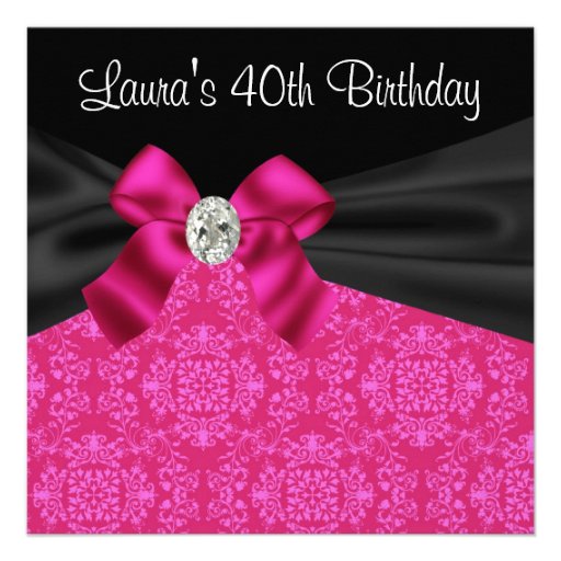 Hot Pink Black Damask 40th Birthday Party Personalized Invites