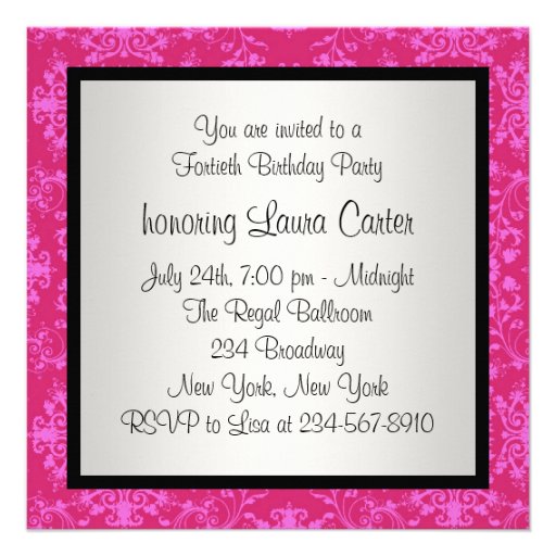 Hot Pink Black Damask 40th Birthday Party Personalized Invites