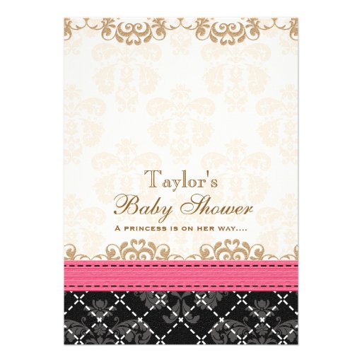 HOT PINK BLACK DAMASK BABY CARRIAGE BABY SHOWER INVITATION