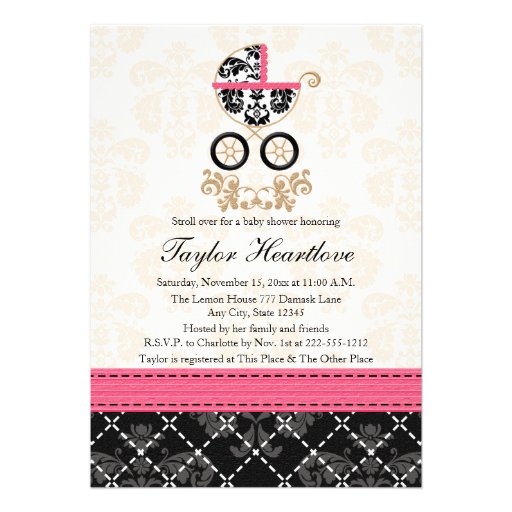 HOT PINK BLACK DAMASK BABY CARRIAGE BABY SHOWER INVITATION