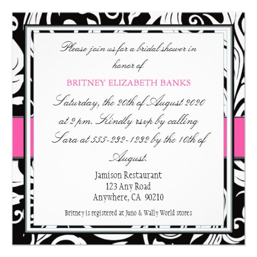 Hot Pink & Black Damask Bridal Shower Invitations