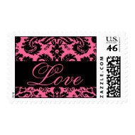 Hot Pink Black Damask Love Wedding Postage stamp