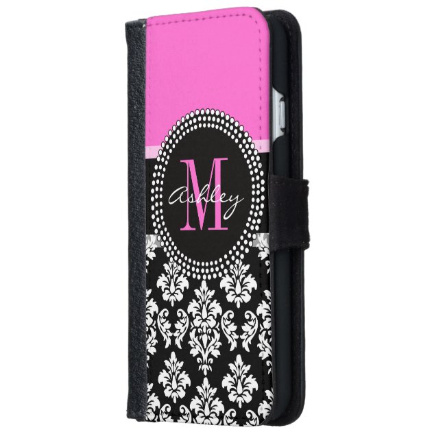 Hot Pink Black Damask Monogrammed iPhone 6 Wallet Case