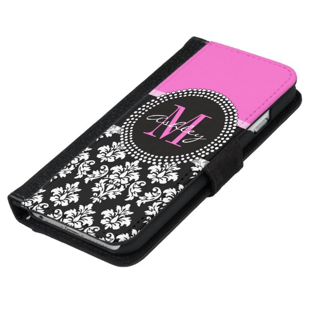 Hot Pink Black Damask Monogrammed iPhone 6 Wallet Case-5