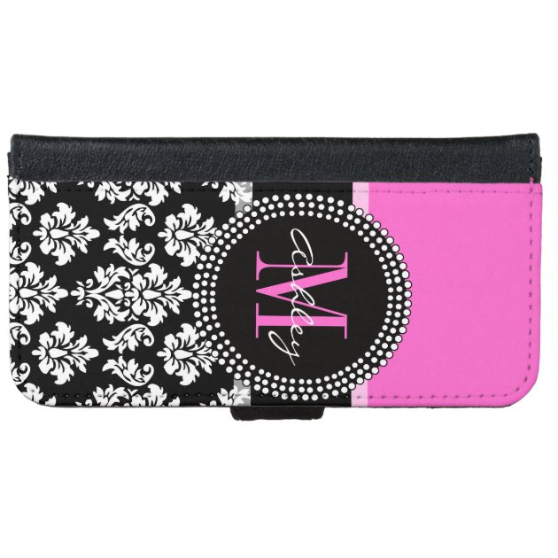 Hot Pink Black Damask Monogrammed iPhone 6 Wallet Case-4