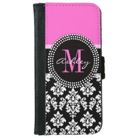 Hot Pink Black Damask Monogrammed iPhone 6 Wallet Case