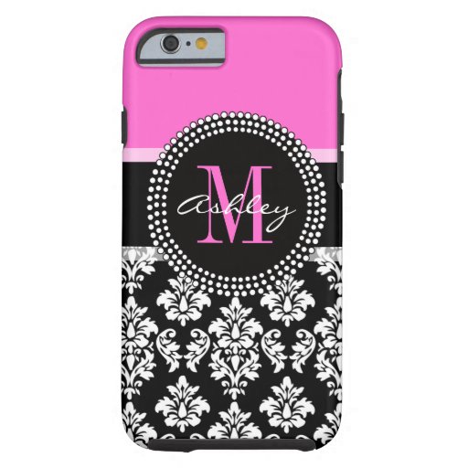 Hot Pink Black Damask Monogrammed Tough iPhone 6 Case Zazzle