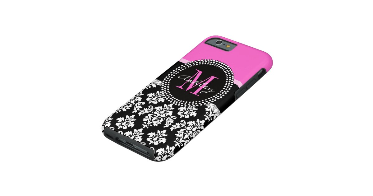 Hot Pink Black Damask Monogrammed Tough iPhone 6 Case Zazzle