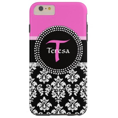 Hot Pink Black Damask Monogrammed Tough iPhone 6 Plus Case