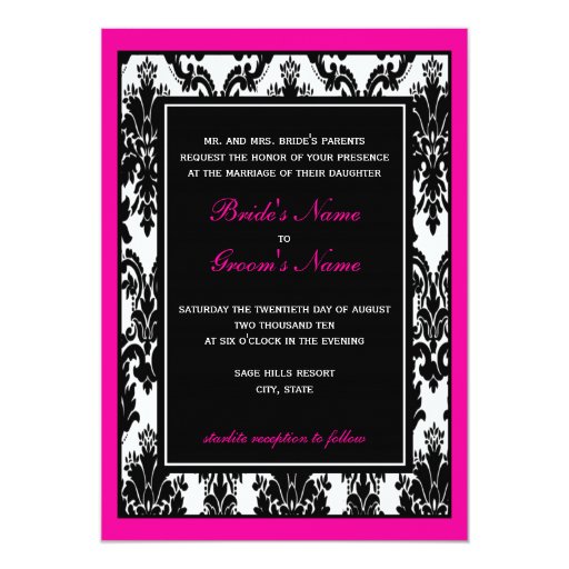 Hot Pink & Black Damask Wedding 5x7 Paper Invitation Card | Zazzle