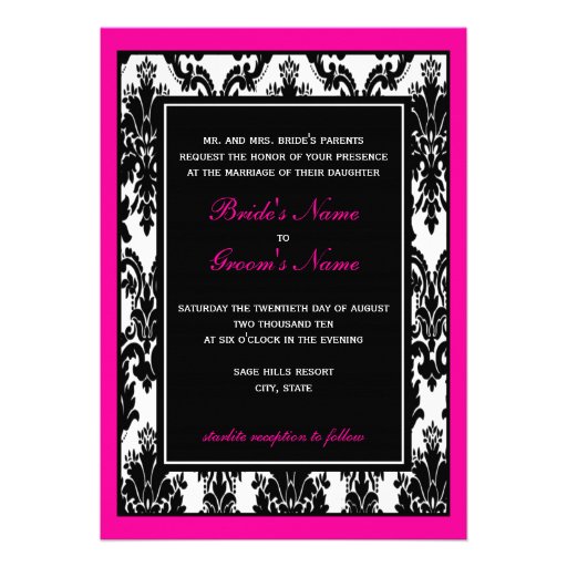 Hot Pink & Black Damask Wedding Custom Invites