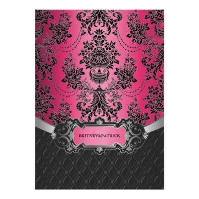 Hot Pink & Black Damask Wedding Invitations