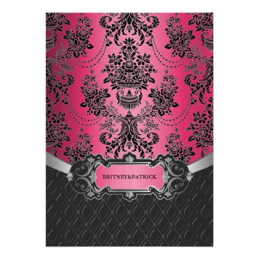 Hot Pink & Black Damask Wedding Invitations