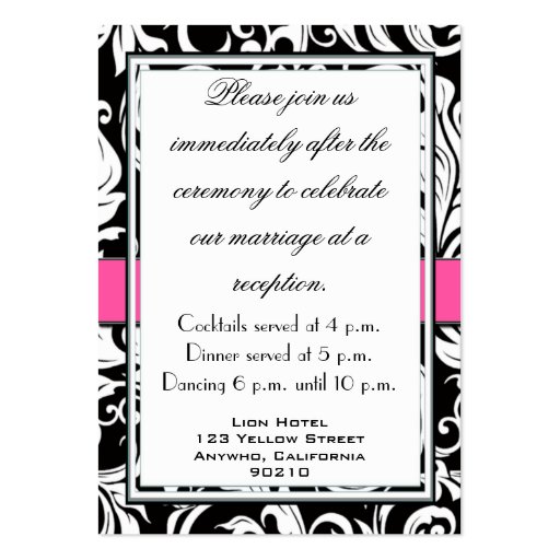 Hot Pink & Black Damask Wedding Reception Cards Business Card Template (back side)