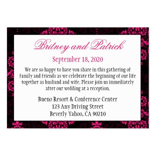 Hot Pink Black Damask Wedding Reception Cards Business Card (back side)