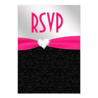 Hot Pink Black Floral Damask Diamond Heart RSVP Personalized Announcements