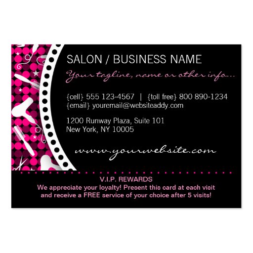 Hot Pink & Black Glam Custom Salon Loyalty Card Business Card Templates (back side)