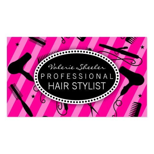 Hot Pink & Black Hair Salon Tools Business Card (front side)