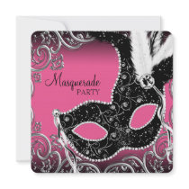 Hot Pink Black Mask Masquerade Party Custom Announcements