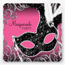 Hot Pink Black Mask Masquerade Party invitations
