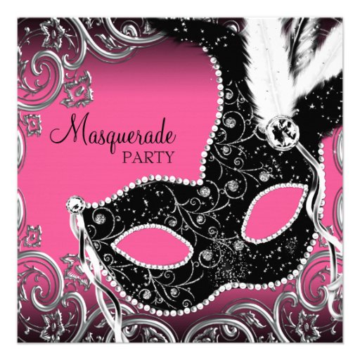 Hot Pink Black Mask Masquerade Party Custom Announcements (front side)