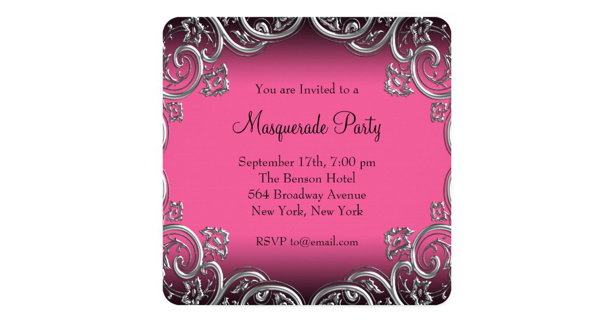 Hot Pink Black Mask Masquerade Party Invitation Zazzle