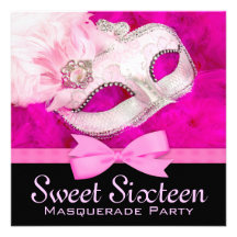 Hot Pink Black Masquerade Party Invitations