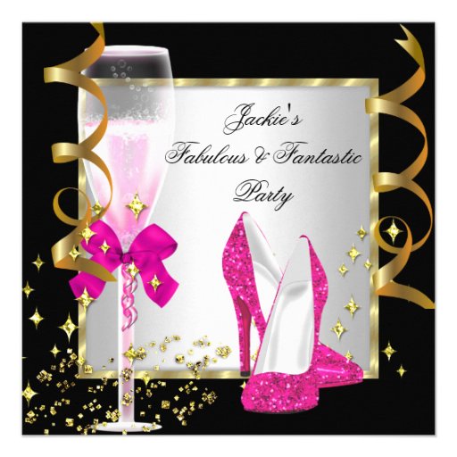 Hot Pink Black Silver Women's Birthday Party Personalized Invitations