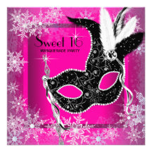 Hot Pink Black Snowflake Sweet 16 Masquerade Party Custom Announcements