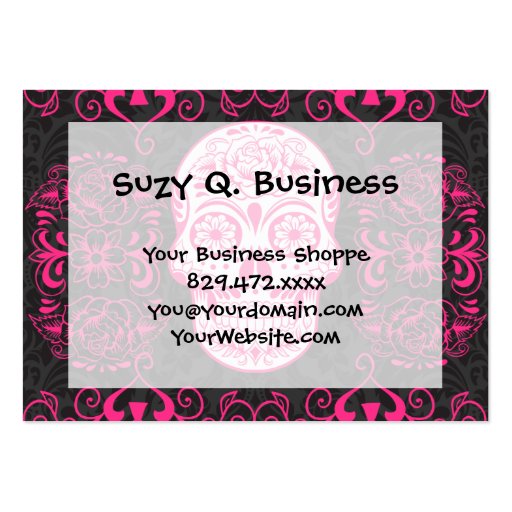 Hot Pink Black Sugar Skull Roses Gothic Grunge Business Cards (front side)