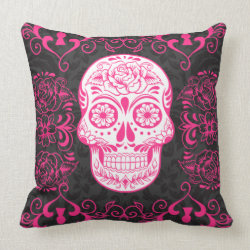 Hot Pink Black Sugar Skull Roses Gothic Grunge Throw Pillow