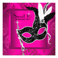 Hot Pink Black Sweet 16 Masquerade Party Personalized Invitations